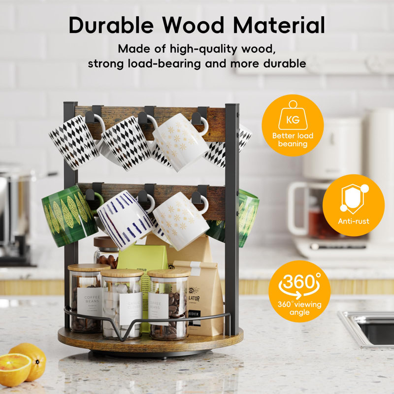 Wood Coffee Mug Holder,12 Hook Mug Tree Holder Rack With Storage Base,Mug Display Organizer,Mug Holders For Home Kitchen,Support 360° Rotation For Easy Access