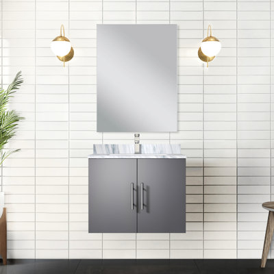 Meuble-lavabo simple gris foncé - 24 po L 22 po x P 22 po, comptoir en marbre, 18 miroirs, salle de bain à fermeture en douceur de 22 po avec comptoir et miroir inclus, style attrayant