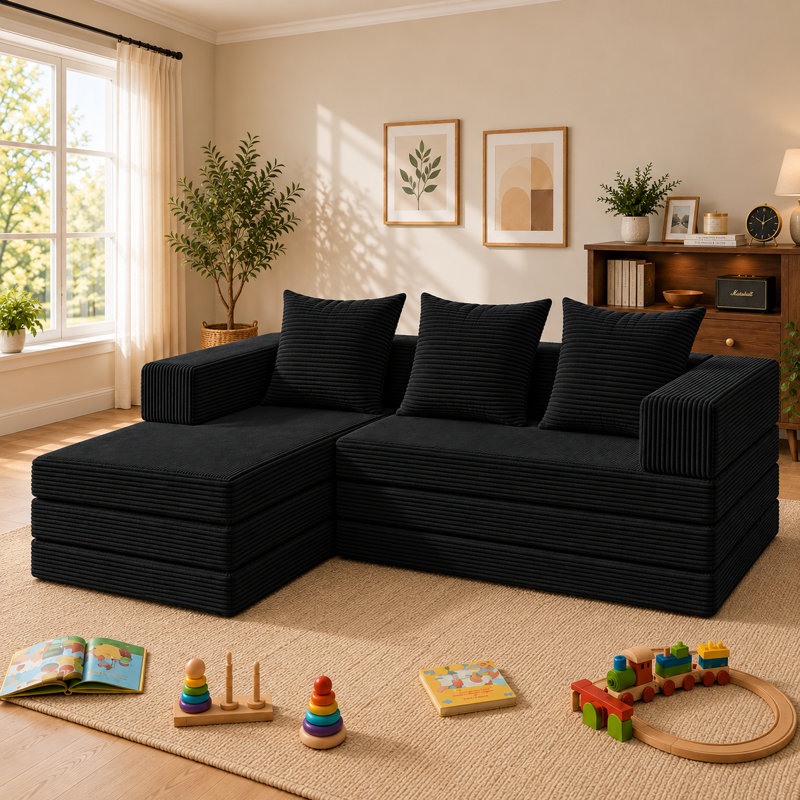 Canapé-lit convertible pliable en trois parties de 200 cm (79 po), futon modulaire en velours côtelé avec méridienne en L, canapé nuage, aucun assemblage requis pour le salon et les petits appartements