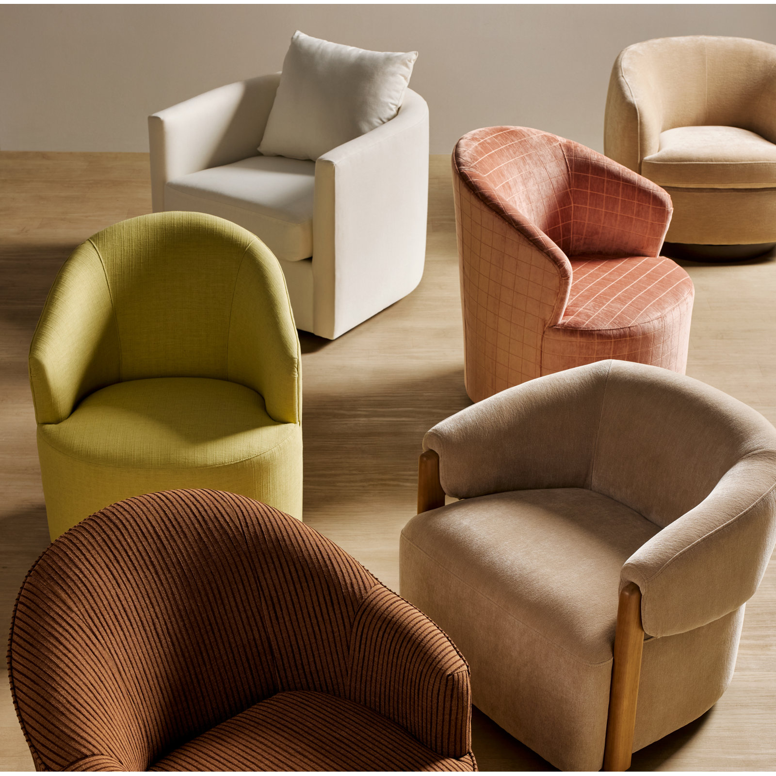 Carmella Upholstered Swivel Barrel Chair, Nomad Snow Crypton® Chenille