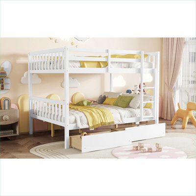 Clean White Convertible Full Size Platform Bunk Bed, Solid Rubber Wood Construction with 2 Under-Bed Storage Drawers, Ladder and Safety Guardrails