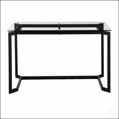 Bureau moderne avec cadre en acier noir élégant et plateau en verre trempé transparent, parfait pour un usage domestique et professionnel.