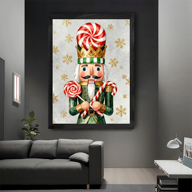 Aquarelle noire encadrée de casse-noisette de Noël avec des impressions encadrées de style flocon de neige doré