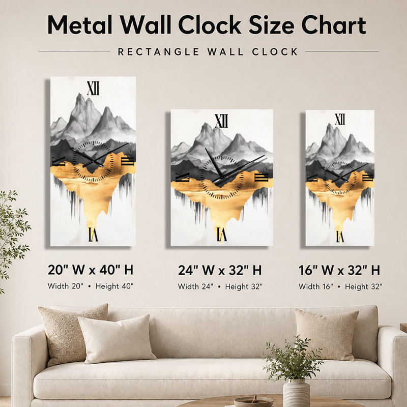 Mirage de montagne à l'encre et à l'or I - Horloge murale Art Déco en métal, H 40 po x l 20 po - Rectangle