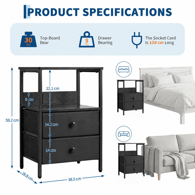 33 cm W Iron Bedside Table, Black