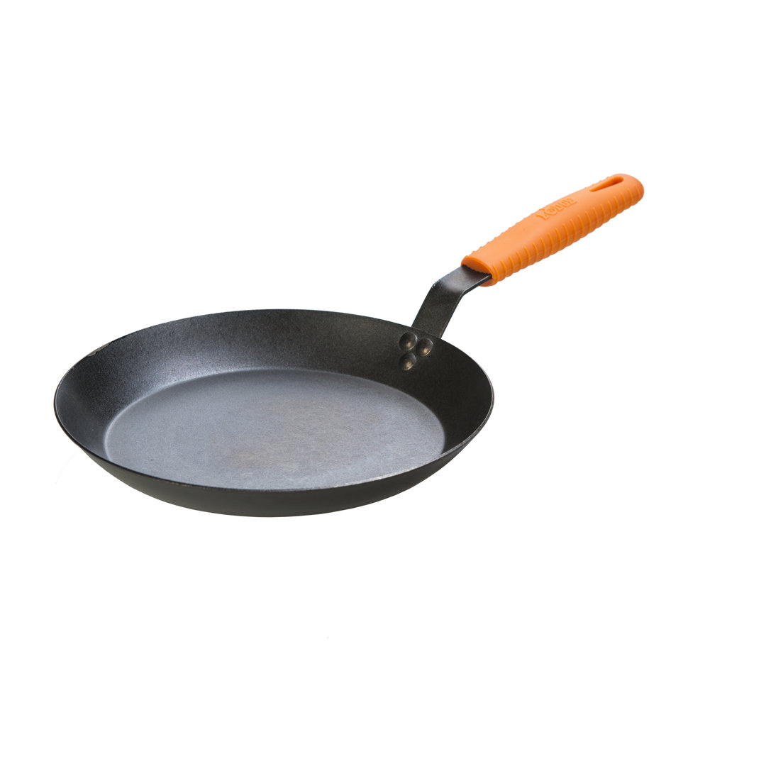 12 Inch Seasoned Carbon Steel Skillet With Orange Silicone Handle Holder Lodge