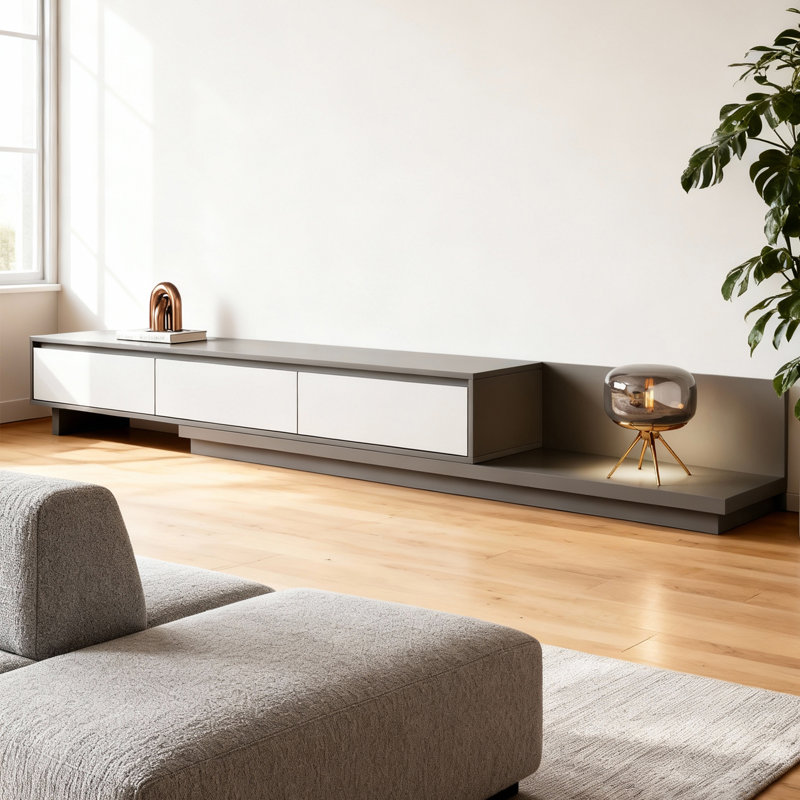 TV Stand with 3 Drawers | Extendable TV Unit 200-330cm | 3 Colour Options: Walnut, Grey, Dark Walnut | for Living Room & Bedroom（Grey）