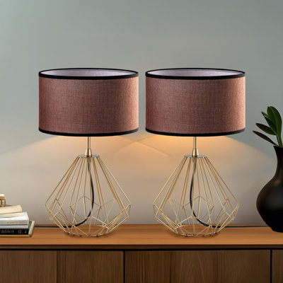 Ensemble de lampes de table glamour (2 pièces), corps en métal doré, 9,8 x 9,8 x 16,9 pouces | Capuchon en tissu de 9,8 po x 5,9 po | Câble de 6,6 pi, interrupteur marche / arrêt | Éclairage élégant pour la décoration intérieure, style glamour moderne