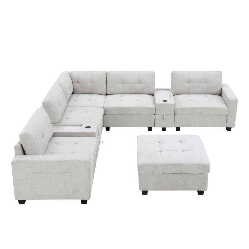 L-Shaped Sectional Sofa with Movable Ottoman and Integrated Charging, Light Gray Chenille