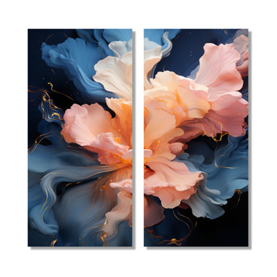 Blooming rose pastel sur bleu royal - impressions sur toile abstraites à l'encre liquide, art mural abstrait rose 2 panneaux