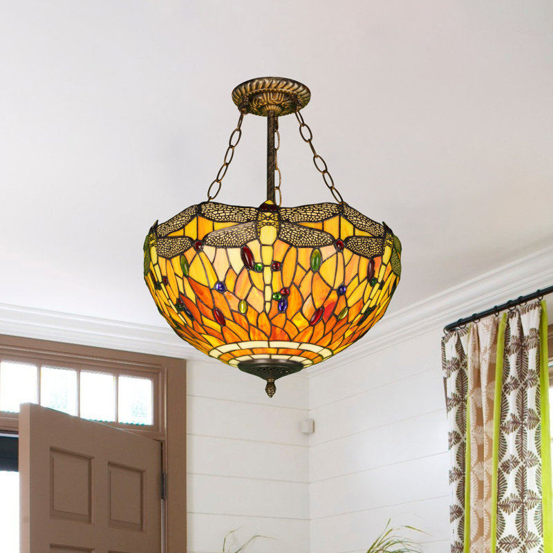 16" 3 - Light Dragonfly Tiffany-Style Stained Glass Chandelier Dimmable