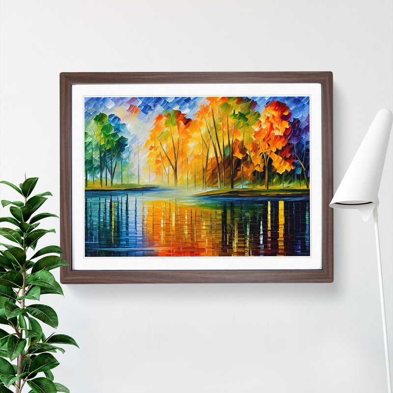 Pond By An Autumn Forest Abstract - Single Picture Frame Painting, Walnut, 34cm H x 46cm W x 2cm D