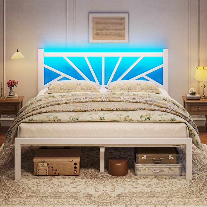 Base de lit en métal avec lumières DEL, cadre de lit avec tête de lit, cadre de lit plateforme robuste et robuste avec espace de rangement, support de lattes en métal robuste, silencieux, pas de sommier tapissier nécessaire