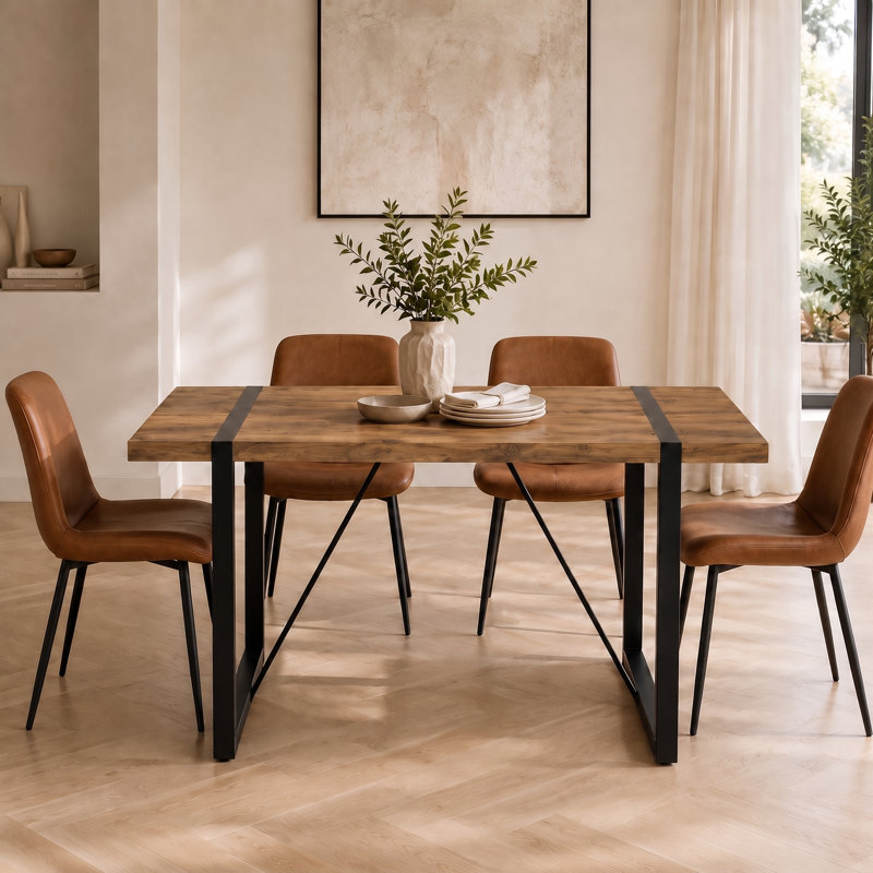 55" Modern Industrial Rectangle Dining Table for Small Spaces, Dark Wood Top / Black Base, 30"H x 55"L x 31.5"W