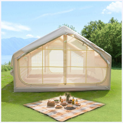 Tente de camping gonflable de 6,3 M², coupe-vent imperméable 4 saisons, lanterneau transparent et imperméable Oxford 420D, tente à air avec fenêtres / portes en filet