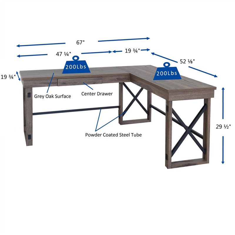 67'' Gray Wood L-Shaped Writing Desk with Drawer