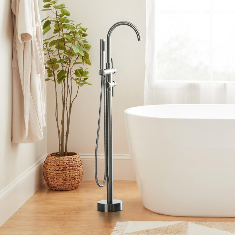 45-1/2" H Freestanding Double Handles Tub Faucet With Handheld Shower And Rotatable Spout, Brushed Nickel