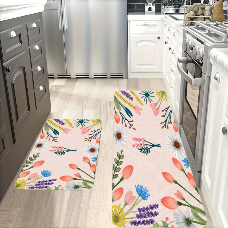 Ensemble de 2 tapis de cuisine pastel à motif floral et herbes