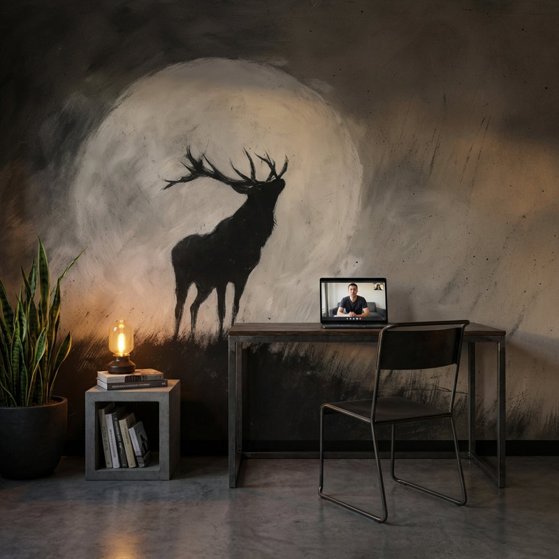 Décoration murale abstrait cerf silhouette de lune, 140 po x 108 po, Peler et coller