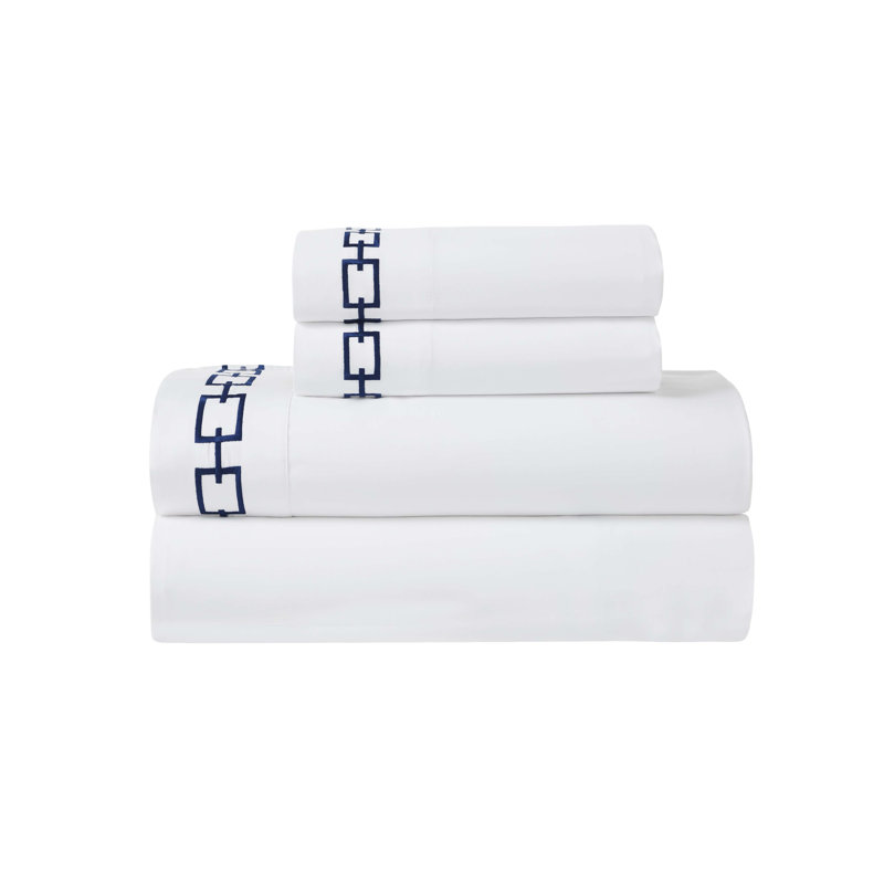 Ensemble de literie à pochettes profondes brodées à mailles supérieures 100% coton Superior, Blanc / Marine