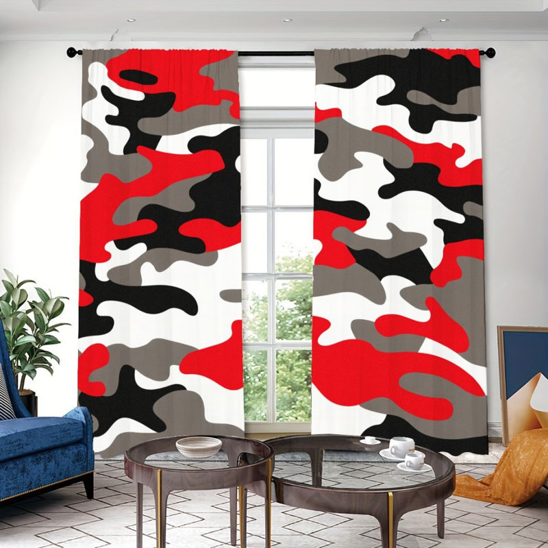 2Pcs Red Black White Pattern Curtains, Bold Style, Light Filtering, Modern Decor For Living Room Bedroom Office Window