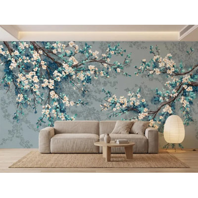 Cherry Blossom Branch Wall Mural - Teal Floral Asian Botanical Wallpaper