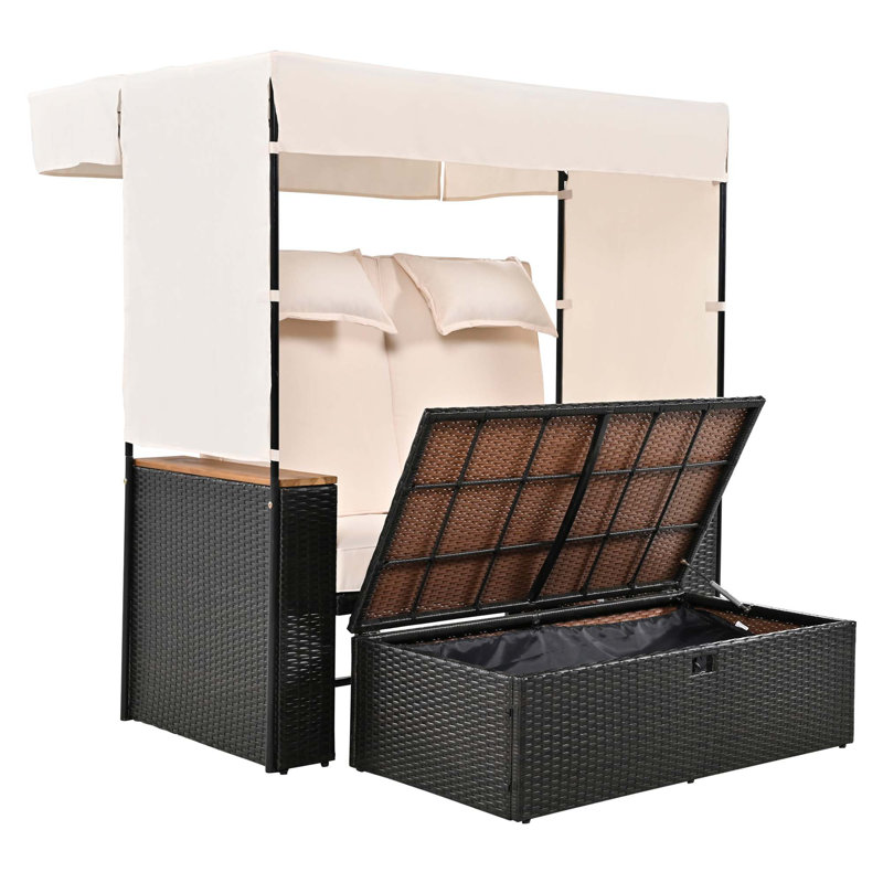 Outdoor Rattan Daybed With Multiple Functions And Comforts, Beige, Black