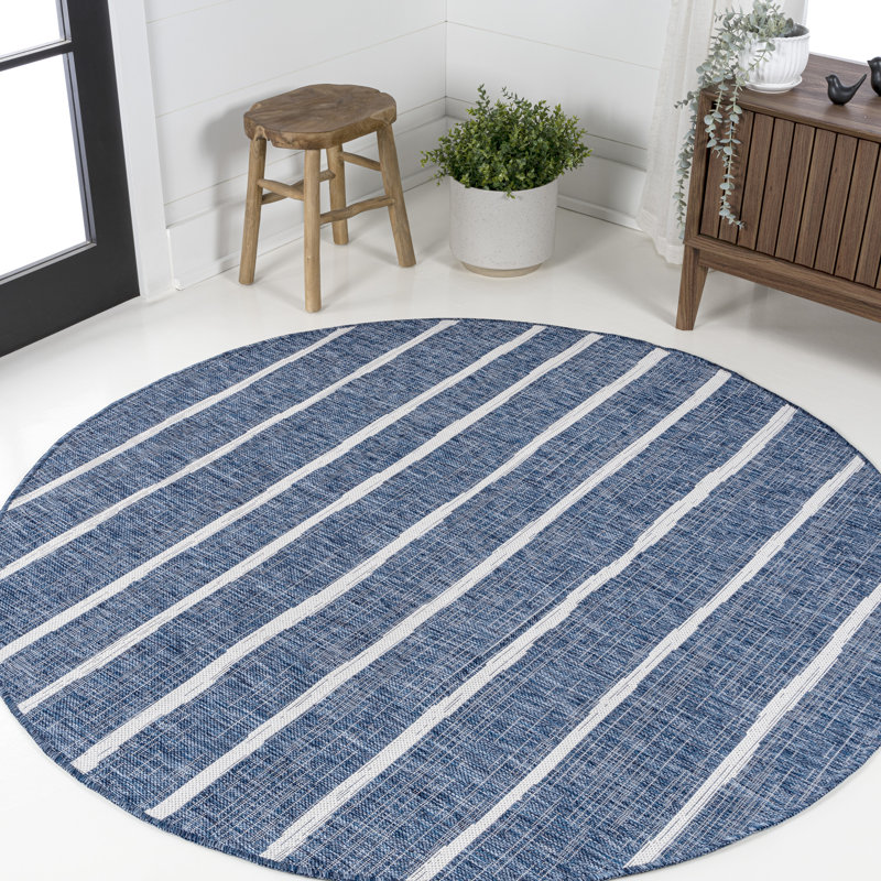 Tapis intérieur / extérieur bleu / ivoire London, Rond 5 pi 3 po