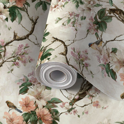 Papier auto-adhésif auto-adhésif et amovible 17,7 po x 118 po (45 x 300 cm) Country Garden Blossoms Birds
