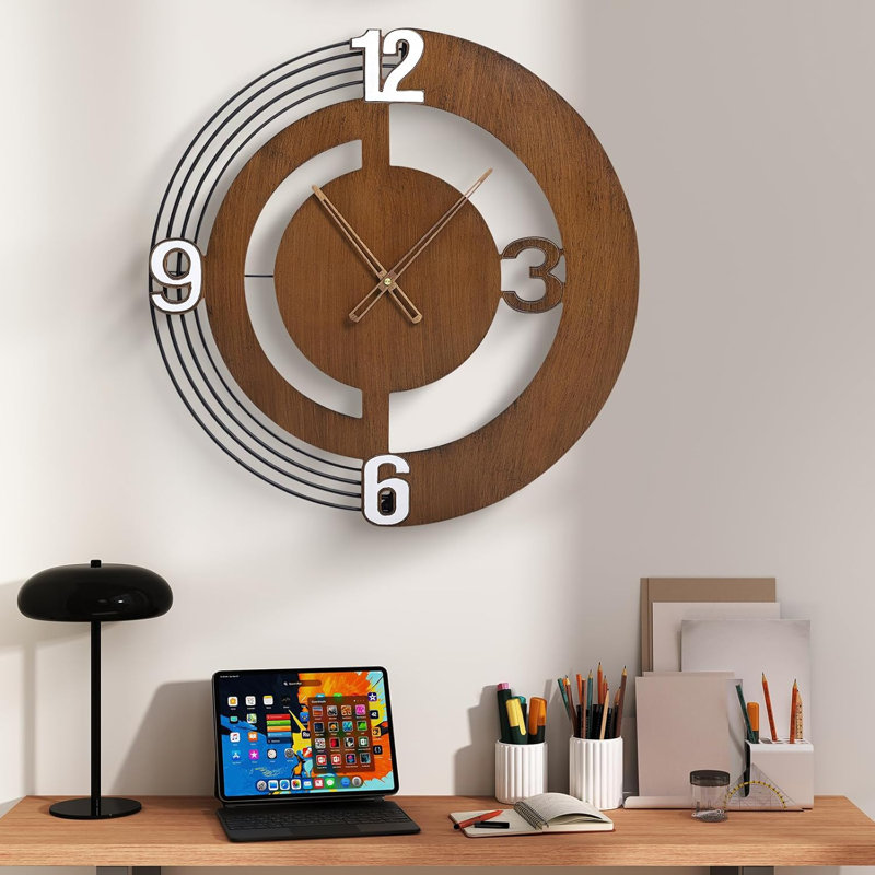 Horloge murale ronde en bois noyer de 20 pouces - Horloge décorative moderne silencieuse à piles pour salon, cuisine, chambre à coucher, bureau