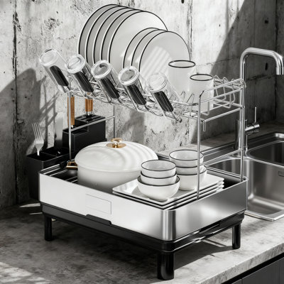 2-Tier Stainless Steel Dish Drying Rack With Automatic Drainage, Large Capacity Dish Drainer With Utensil And Cup Holders, Space Saving Kitchen Counter Organizer