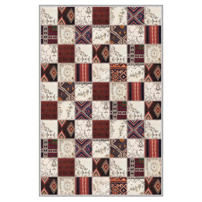 Tapis de couloir en polyester tissé à la machine rouge / noir / gris 2 pi 7 po x 9 pi 10 po