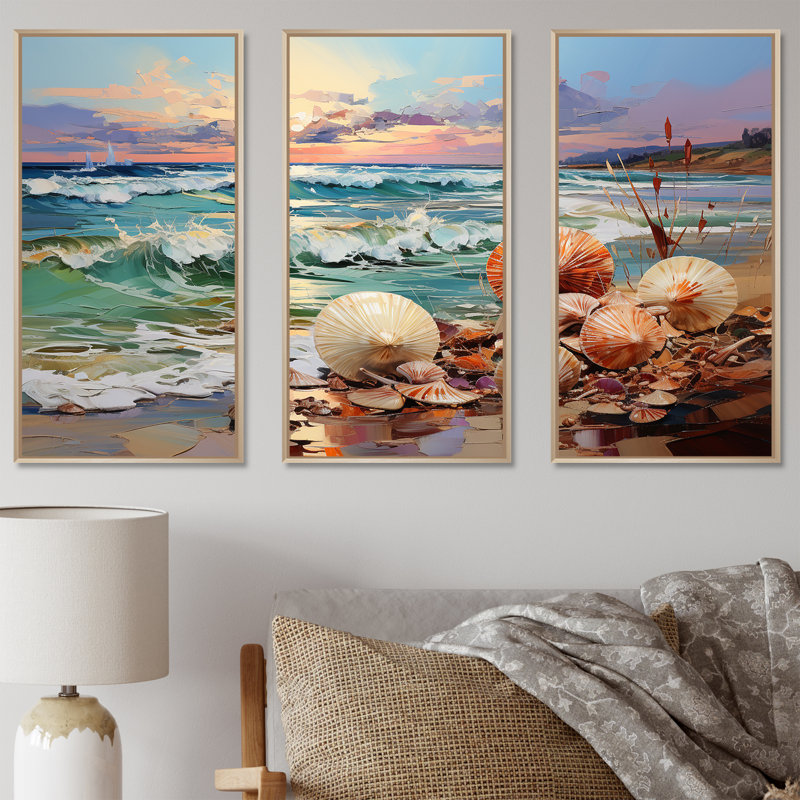 Mélange de palourdes côtières sur la plage - Ensemble de décoration murale plage, H 28 po x l 36 po x P 1 po