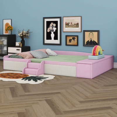 Velvet Upholstered Daybed With Stairs & Gas Lift Storage Ottoman, Contrast Color, Padded Guardrails