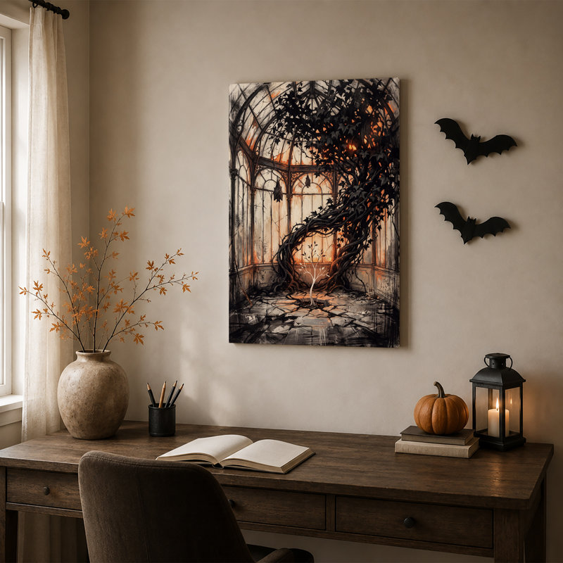 Vignes sombres et entrelacées et arbre lumineux dans une toile murale gothique d'Halloween, H 18 po x l 12 po