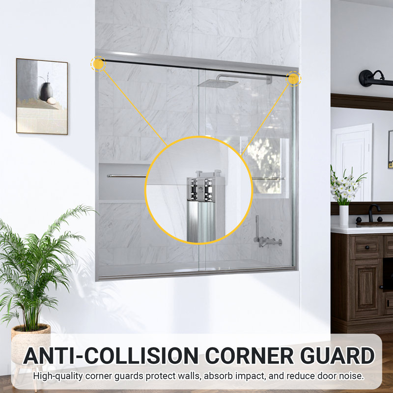 Porte de douche coulissante double semi-sans cadre H 56 po x l 60 po x H 60 po, porte de douche à dérivation, porte en verre trempé Sgcc de 1/4 po (6 mm) d'épaisseur, nickel brossé