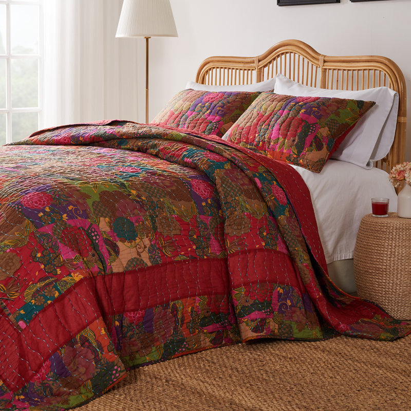 King Multicolor Cotton Reversible Floral Quilt Set