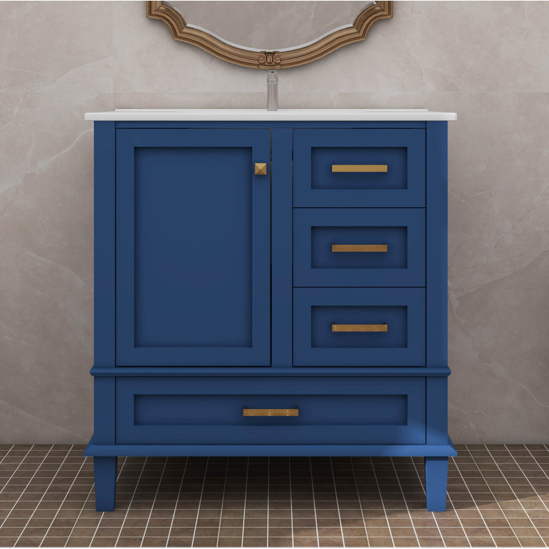 Combinaison de meuble-lavabo de salle de bain élégant de 30 pouces avec 3 tiroirs à fermeture silencieuse, Bleu / doré