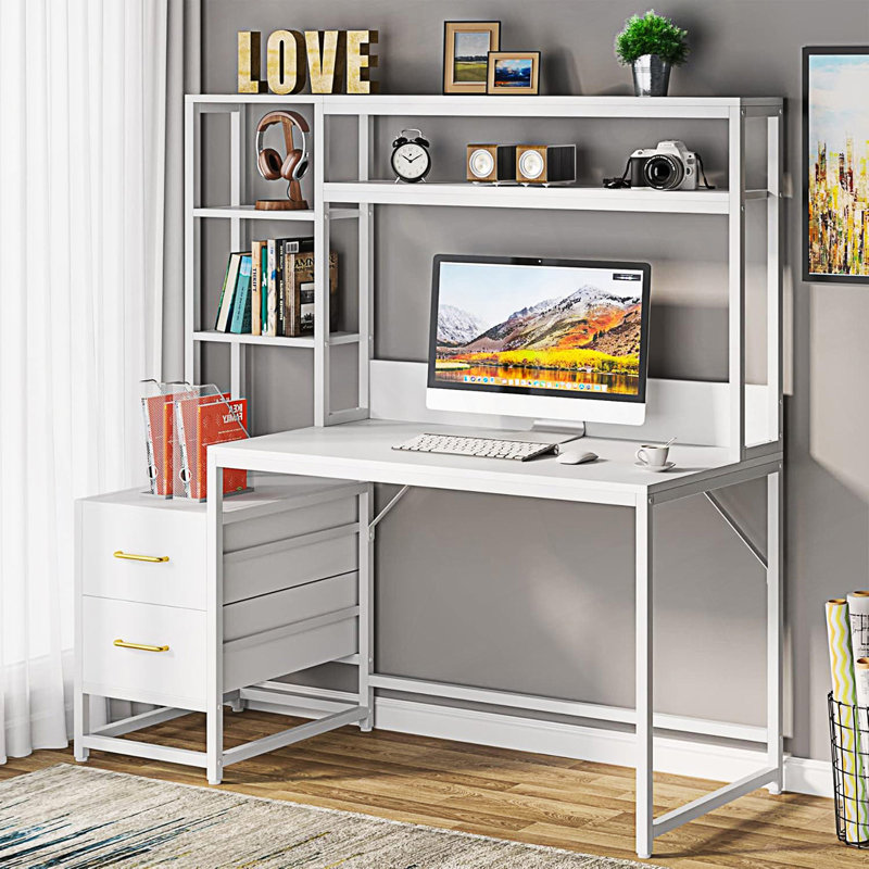 Bureau d'ordinateur avec huche, 2 tiroirs et tablettes ouvertes, Blanc