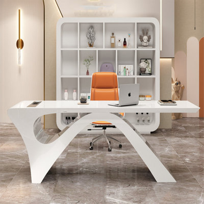 70.87"W Contemporary Curved Gloss White Boss Desk, Wireless Charging Executive Table for Office & Commercial Space