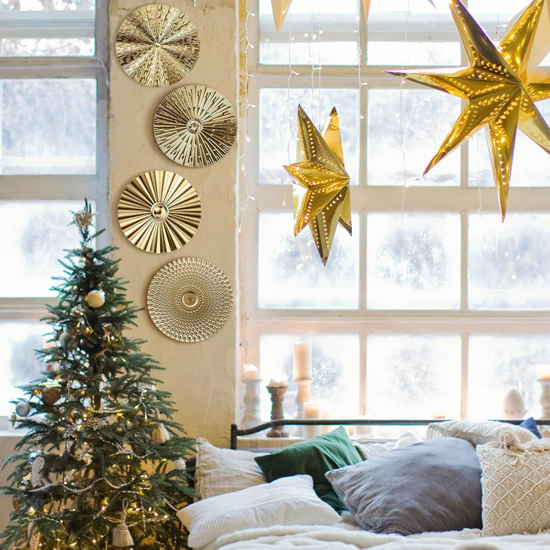 4 pièces d'art mural en métal 12 pouces Sunburst suspendus, décorations d'art en métal, décorations murales pour la maison, salon, bureau, cadeau de Noël (or)