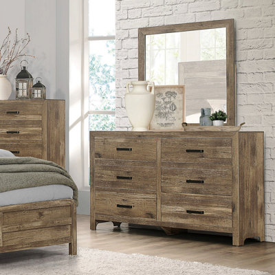 Commode de style rustique avec 6 tiroirs de rangement et meubles de chambre en bois au fini pin vieilli