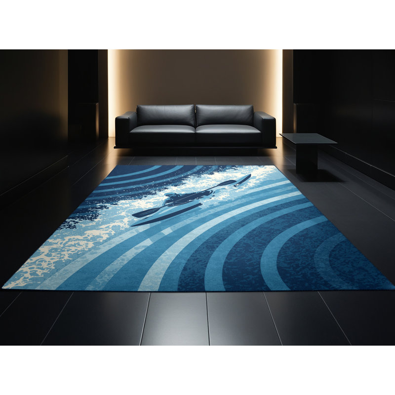 Tapis bleu foncé et éclectique lavable à la machine Kayak, 8 x 10