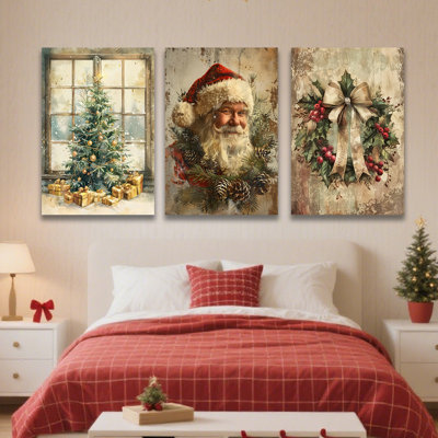 Vintage Christmas Wall Art Decor, Retro Christmas Santa Trees Wall Decor Canvas Set of 3, Retro Christmas Decorations for Home Kitchen Bedroom Bathroom Living Room