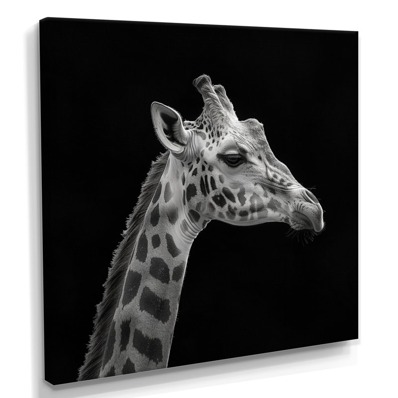 Girafe sur fond noir - reproduction d'art girafe, Toile avec cadre flottant brun, H 36 po x l 36 po x P 1,5 po