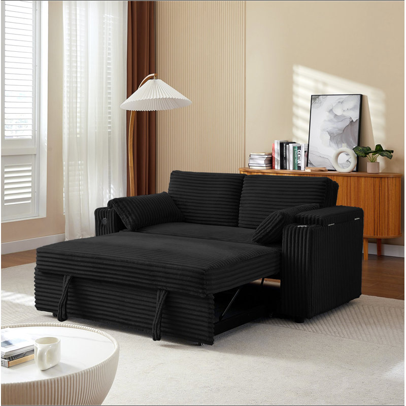 Causeuse-causeuse avec accoudoirs de rangement, port USB, Tissu noir