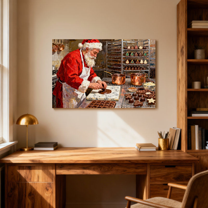 Père Noël faisant des biscuits au chocolat dans la cuisine, H 20 po x l 30 po