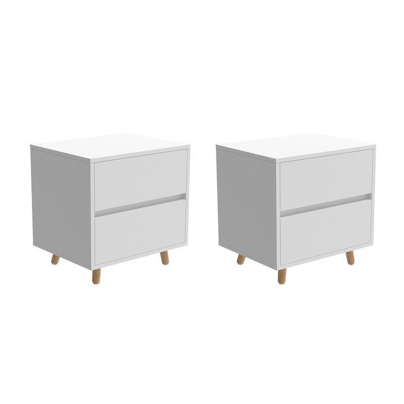 Modern Wood Two Drawer Nightstand,Vintage Bedside Table, White, Set of 2