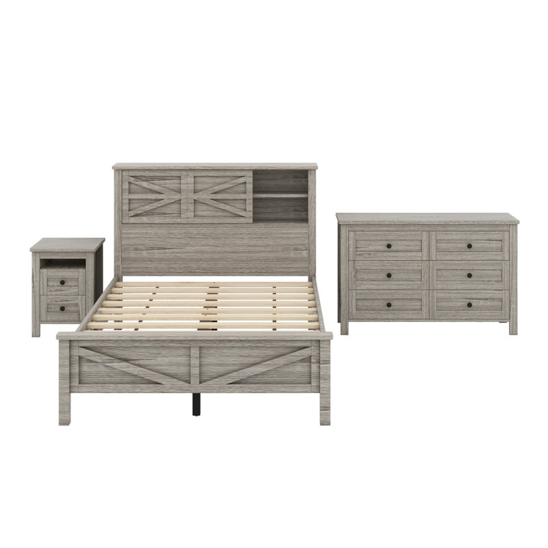 Ensemble de sommeil rustique 3 pièces avec lit plateforme peu encombrant, tête de lit à porte coulissante multifonctionnelle avec accès USB, table de chevet et commode complémentaires pour une organisation améliorée