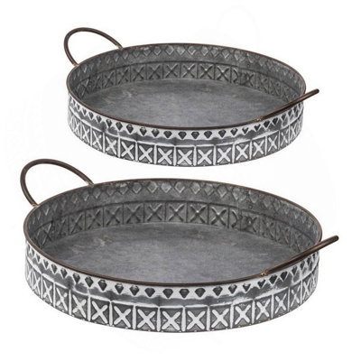 18, 20 Inch Set Of 2 Round Serving Trays With Handles, Galvanized Gray Iron